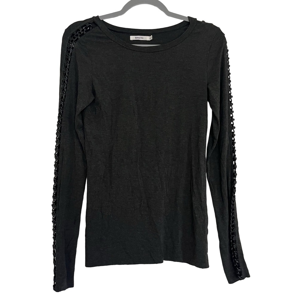 Bailey 44 Long Sleeve Top Women M Gray Good Faux Leather Chain Sleeve Edgy Glam